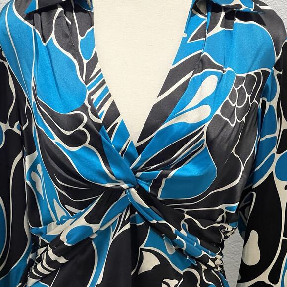 Vtg 90s Y2k Cache Silk Blend Blue Black Artsy Long Sleeve Blouse Cross Front L - Picture 2 of 10